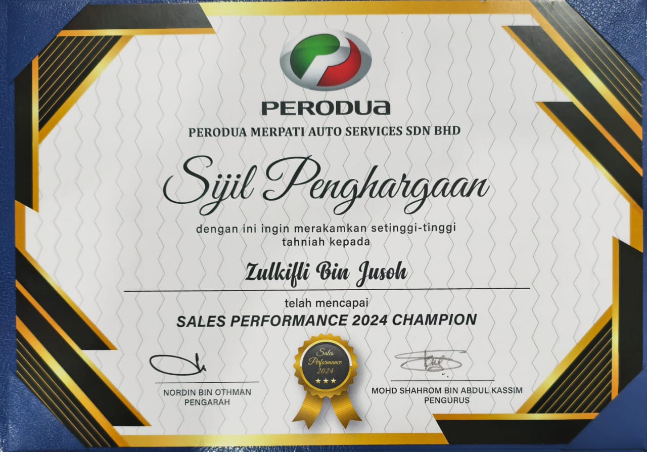 Sijil Sales Performance 2024 Champion untuk Zulkifli Bin Jusoh