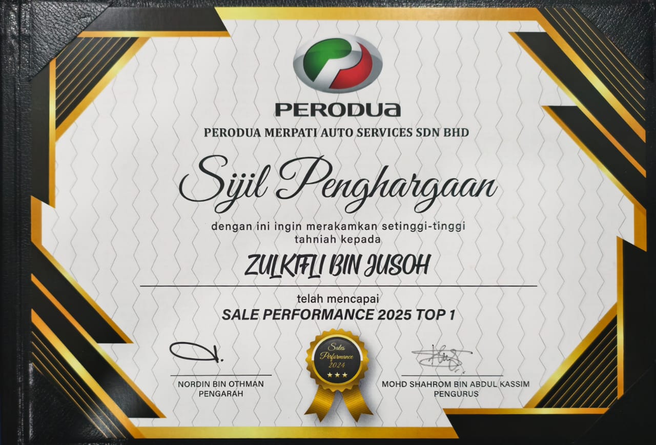 Sijil Sales Performance 2025 Top 1 untuk Zulkifli Bin Jusoh